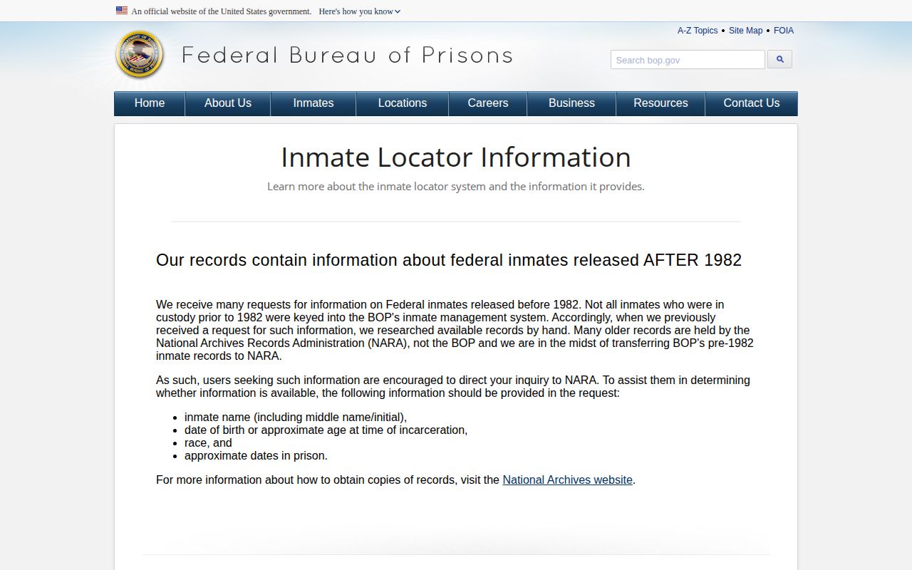 BOP explanation of released status and locator records