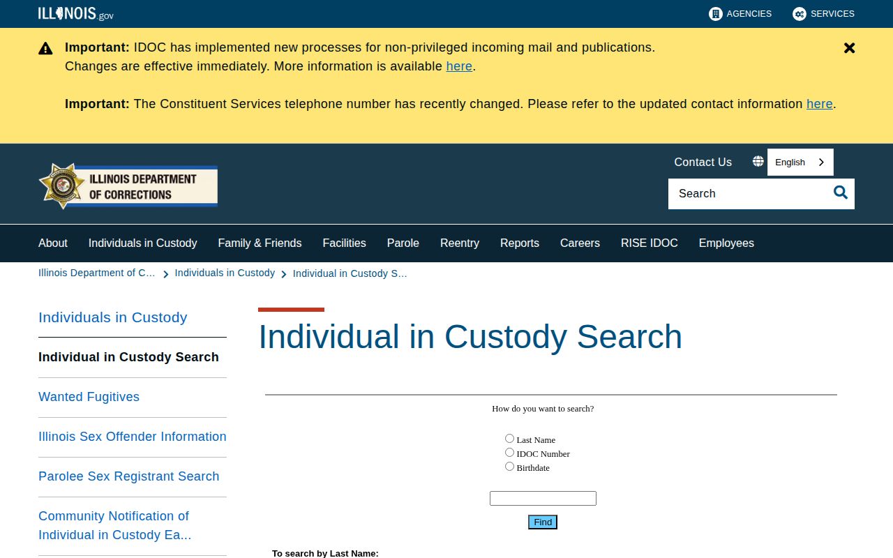 Official IDOC offender-search landing page